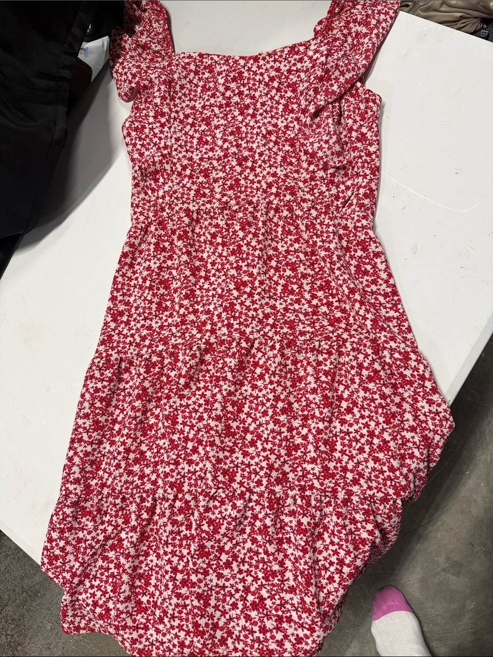 Monteau Red and White Floral Scoop Tank with Navy Dots